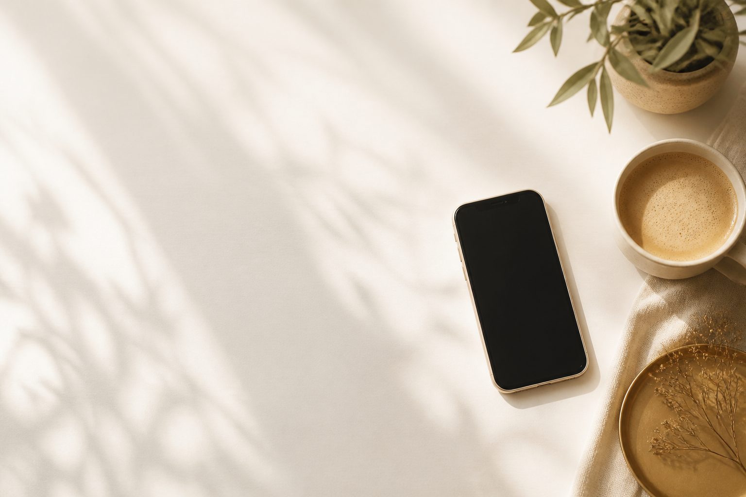 Doğal ışıkta sade bir masada duran akıllı telefon ve kahve fincanı