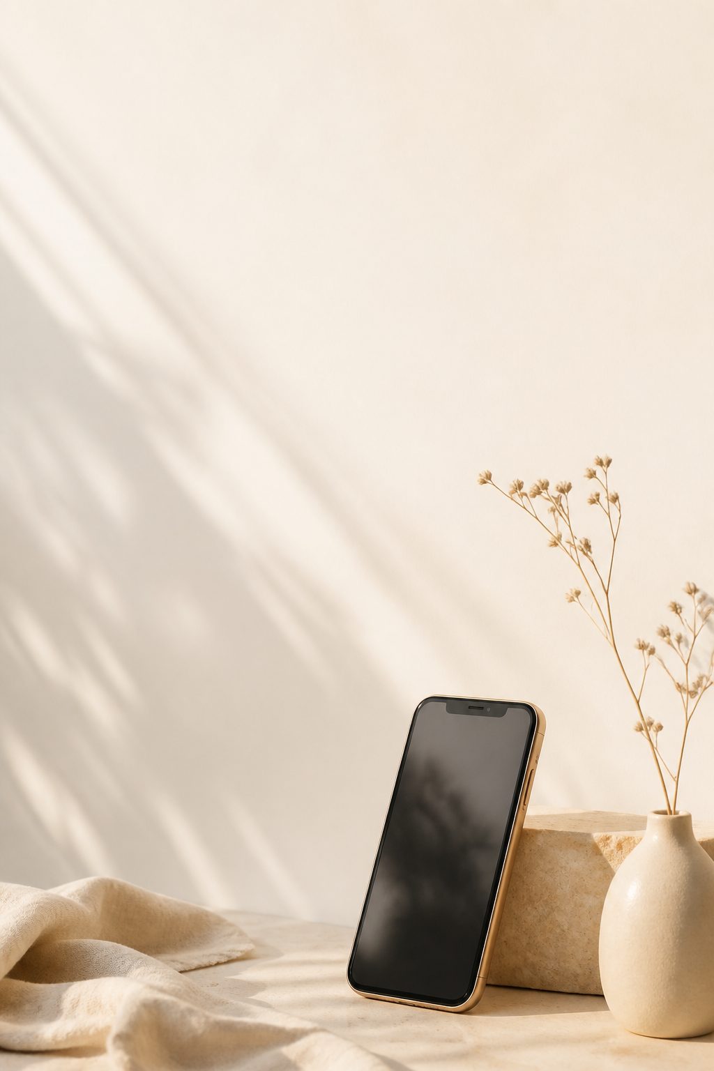 Dikey kompozisyonda doğal ışıkta duran akıllı telefon ve sade dekor