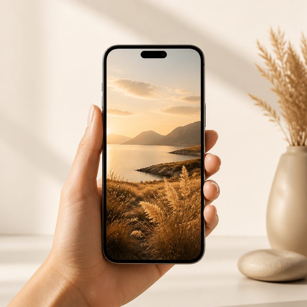 Manzara fotoğrafı çeken bir akıllı telefonu tutan el